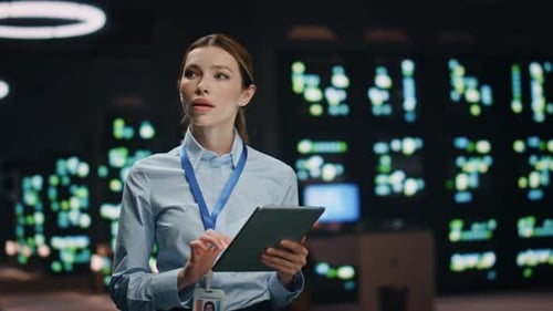 IT Specialist Lady Working Tablet Computer in Data Center Closeup Woman at Work