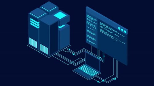 Ilustración del rack de servidores y de la interfaz de programación