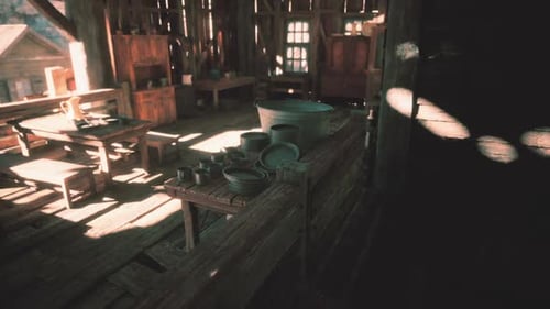 Atmospheric Dust Motes in Sunlit Rustic Wooden Interior