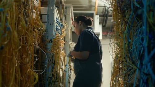 Female Server Room Worker Inspecting Cable in Room to Provide Connection