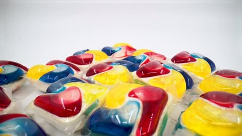 Dishwasher detergent tabs close up on white background isolated 4K