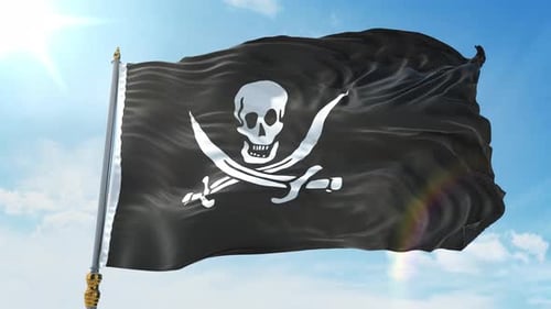 Realistic Jolly Roger Pirate Flag Waving in Sunny Blue Sky