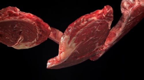 Beef Ribeye Steak Fly Up and Falls Down Filmed on a Highspeed Camera at 1000 Fps