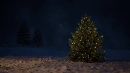 Twinkling Christmas Tree in Snowy Night with Falling Snow