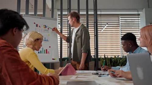 Business Coach Points with Pen on Graphs in the Flipchart During Training in Office Slow Motion