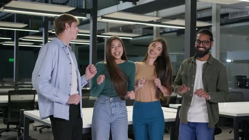 Happy Multiethnic Businessmen Businesswomen Dancing Together at Office Workplace Business Joyful