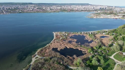 Black Sea Washes an Town Varna with Wide Roads and a Road Bridge Under a Clear Sky