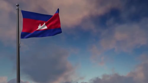 Waving Cambodia Flag Against Blue Sky with Clouds