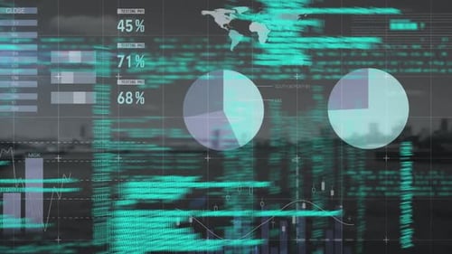 Futuristic Digital Interface with Animated Data and Financial Charts