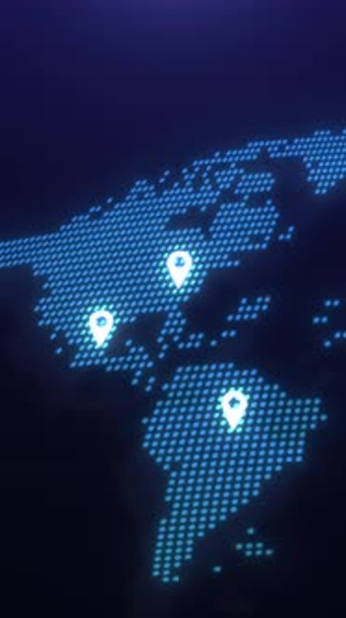 Animated digital world map with location pins dropping on different continents