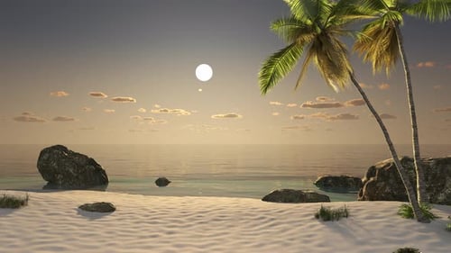 Beach with palm trees on the seashore, tropical landscape of clouds