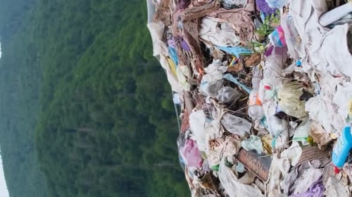 Eine unsortierte Müllhalde inmitten eines grünen Waldes in den Bergen Vertikales Video