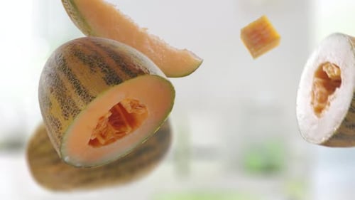 Tranches de melon volant et de melons sur fond de cuisine lumineux