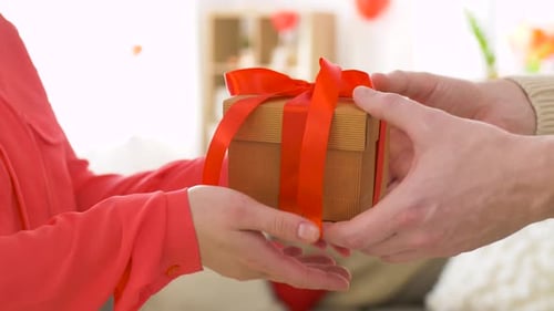 Romantic Gift Exchange Between a Couple at Home