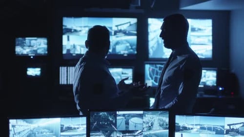 Two security officers are having a conversation in a dark monitoring room filled with display scree
