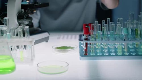 Scientist with Microscope Inspecting Test Tubes in Lab