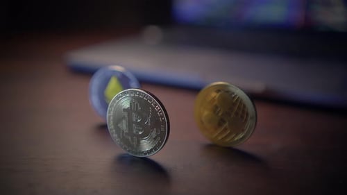 Close Up of Bitcoin Crypto Currency Coins