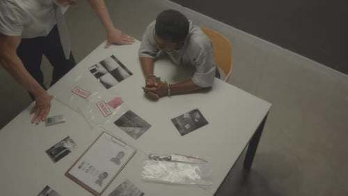Interrogation Scene with Handcuffed Suspect, Evidence