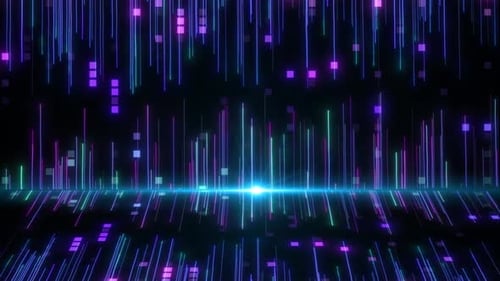 Abstract Neon Glowing Vertical Lines and Digital Squares Background