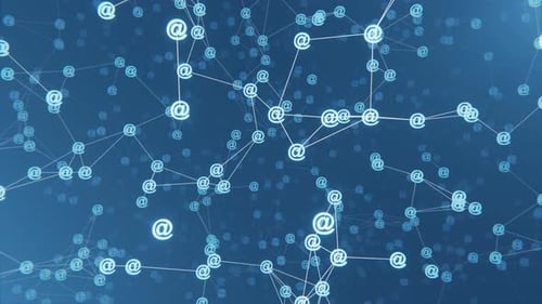 Colorful plexus of connected moving lines and Email @ symbols. Seamless loop