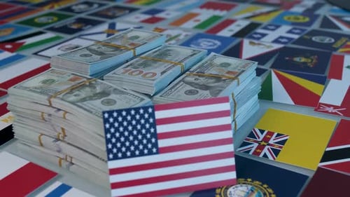 American Money With Flags From Many Countries