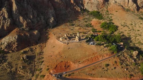 Aerial footage Noravank monastery in Armenia, Caucasus.
