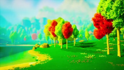 Colorful Cartoon Forest at Sunset