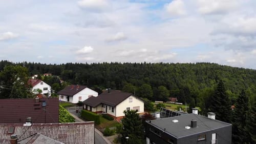 Aerial flight of local German houses closely in Wilhelmsfeld, Germany