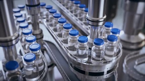 glass jars on the endless conveyor line, modern pharmaceutical factory closeup