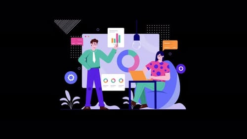 Two professionals working on data analysis in a modern office setting