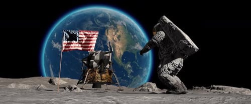 Astronaut Walking on Moon Surface with Earth and US Flag
