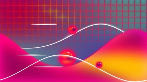 Abstract Neon Waves with Bouncing Spheres and Grid Background