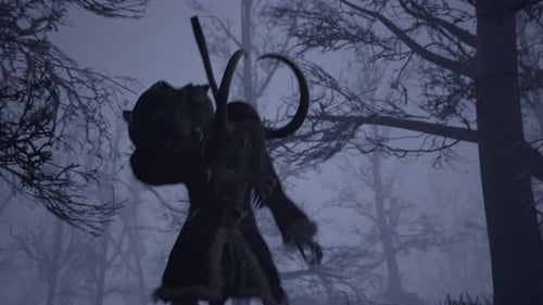 Krampus Running Through Dark Forest with Bag of Naughty Children