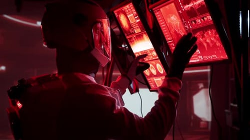 Astronaut in einem Raumanzug an Bord der Marsstation Kosmonauten steuern das Raumschiff im Weltraum