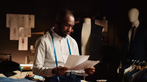 Male Tailor Checking Sketches in Atelier