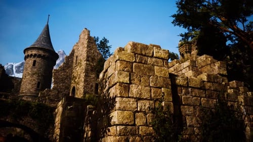Ancient Castle at Sunrise with Mountains in Background