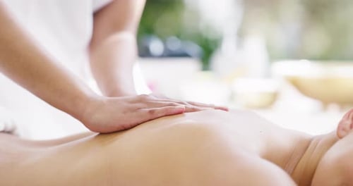 Woman, face and back hands for massage relax at spa muscle tension release