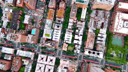 Drone footage over the roofs of the buildings in the neighborhoods of New York, USA.