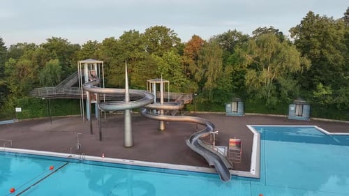 Aerial view of public pools and greenery, Germany.