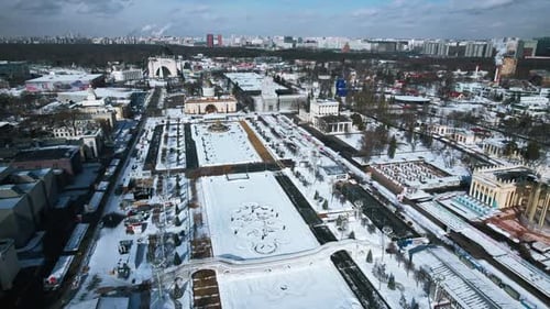 Top view of large square with historical architecture in winter