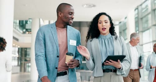 Tablet, communication and walking business people teamwork on company plan