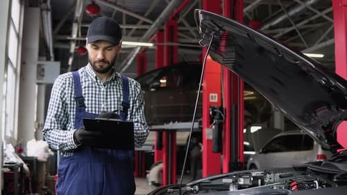 Young Mechanic is Checking the Car Condition in the Car Service Center