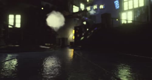 Dark Grunge Night City Street with Industrial Steam