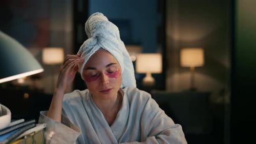 Woman with Eye Patches Talking at Desk