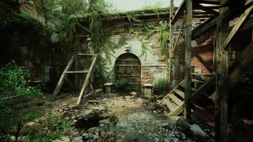 Ruins of a Dilapidated European Mansion Surrounded By Overgrown Vegetation
