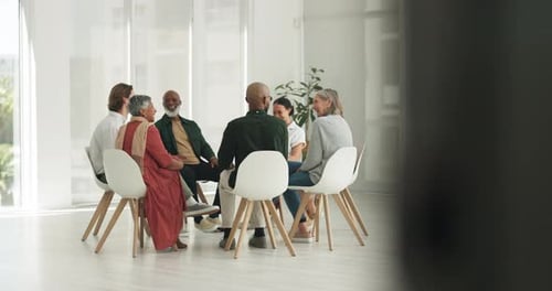 People, psychology or counselling meeting in circle for wellness with mental health