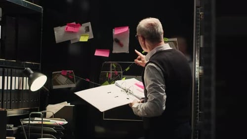 Detective Reviewing Case File in Dimly Lit Office