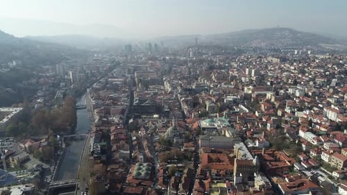 Aerial Footage of Sarajevo and National Library the Shot is Flying Over Vijecnica Library with a