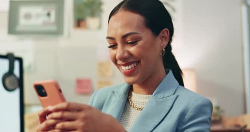 Phone, text and business woman in office happy for social media, message or networking notification