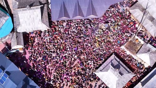 Aerial View of Holi Festival in Crowded City